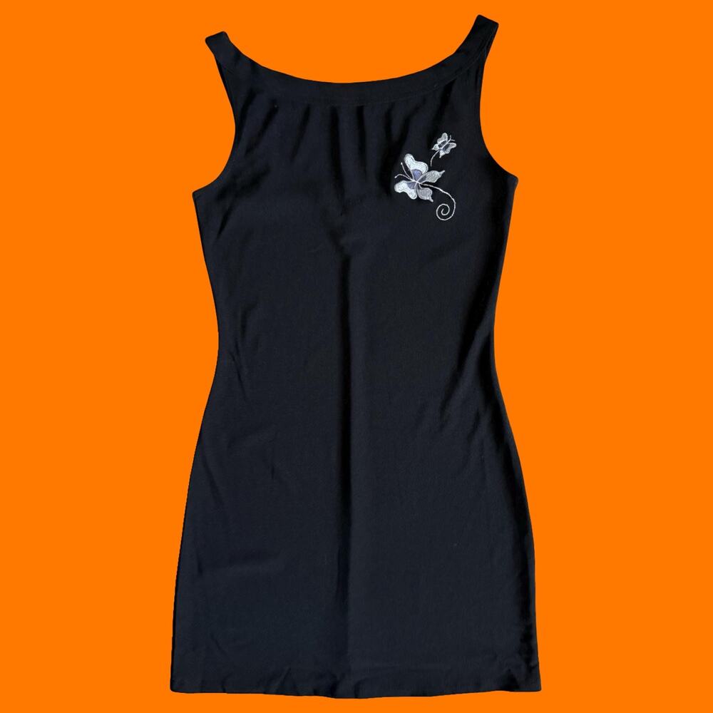 90's vintage black high neck butterfly sleeveless bodycon mini dress MEDIUM